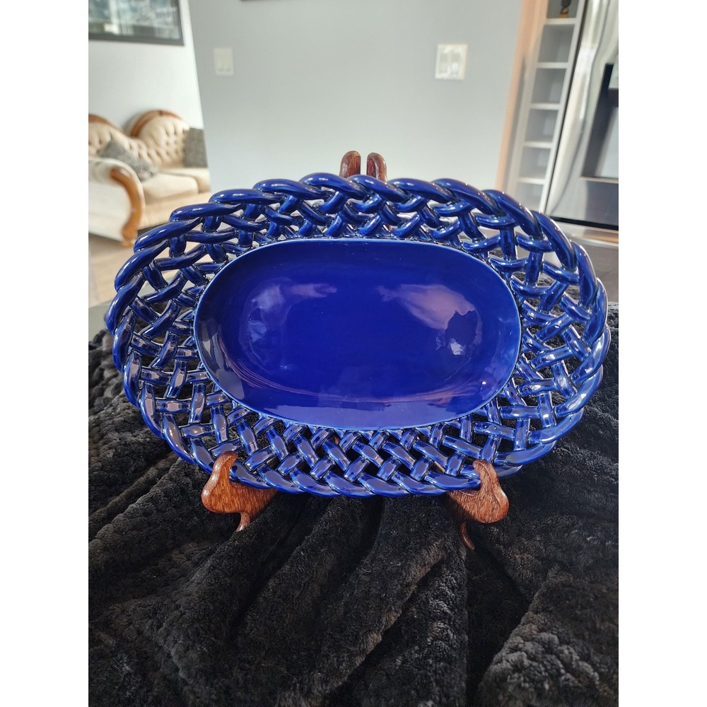 Vintage Primogif Italy Blue Ceramic Centerpiece Bowl: Basket-Weave Pottery